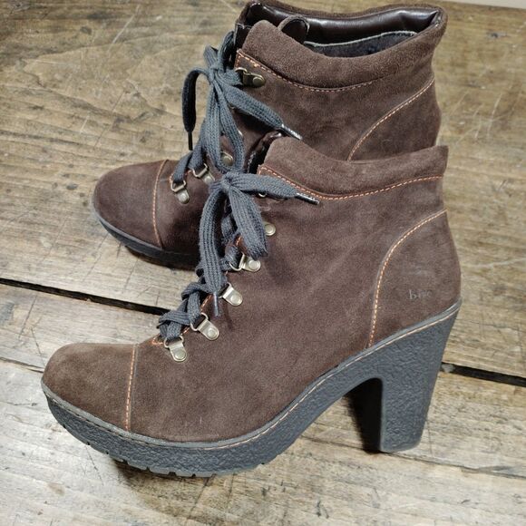 Born Shoes - BORN BOC Women's Sz 11 Boots Brown Suede Block Heel Lace Up Platform Shoes READ